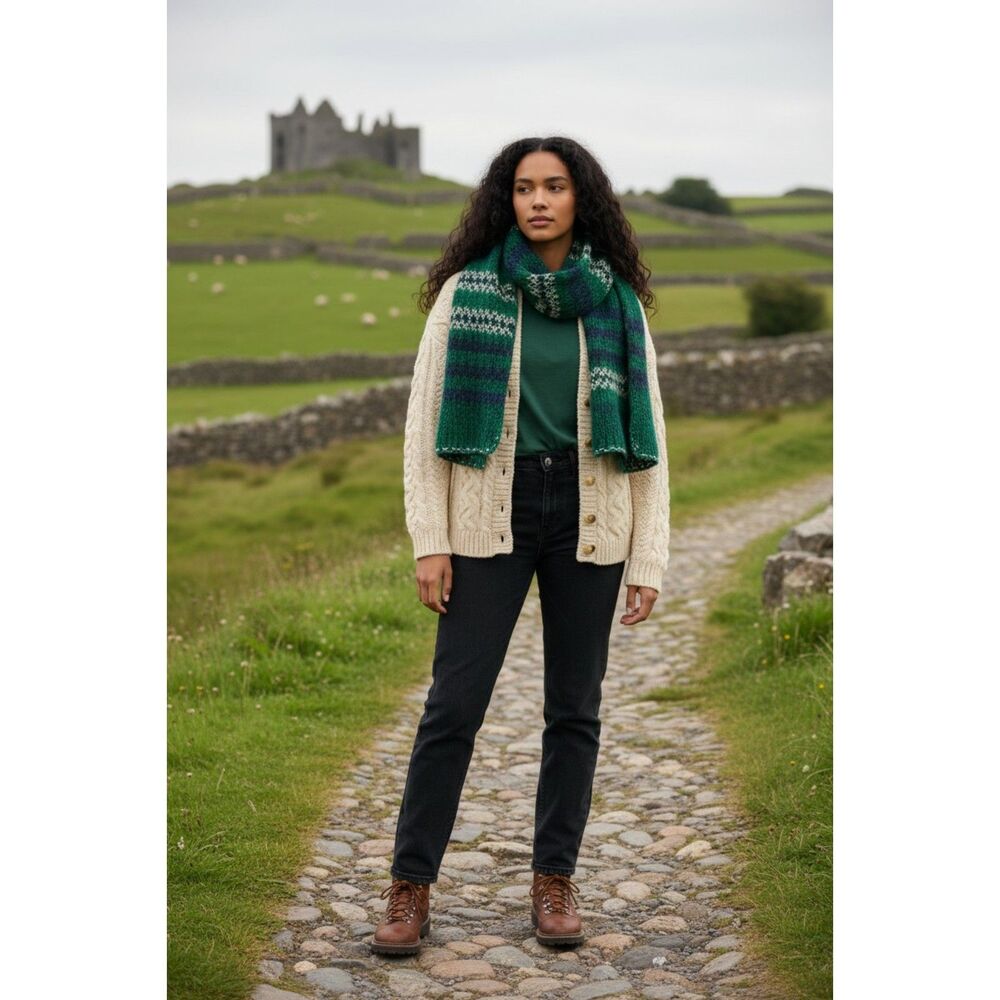 Inis Crafts Irish Merino Wool Cardigan Medium Cable Knit Fisherman Sweater